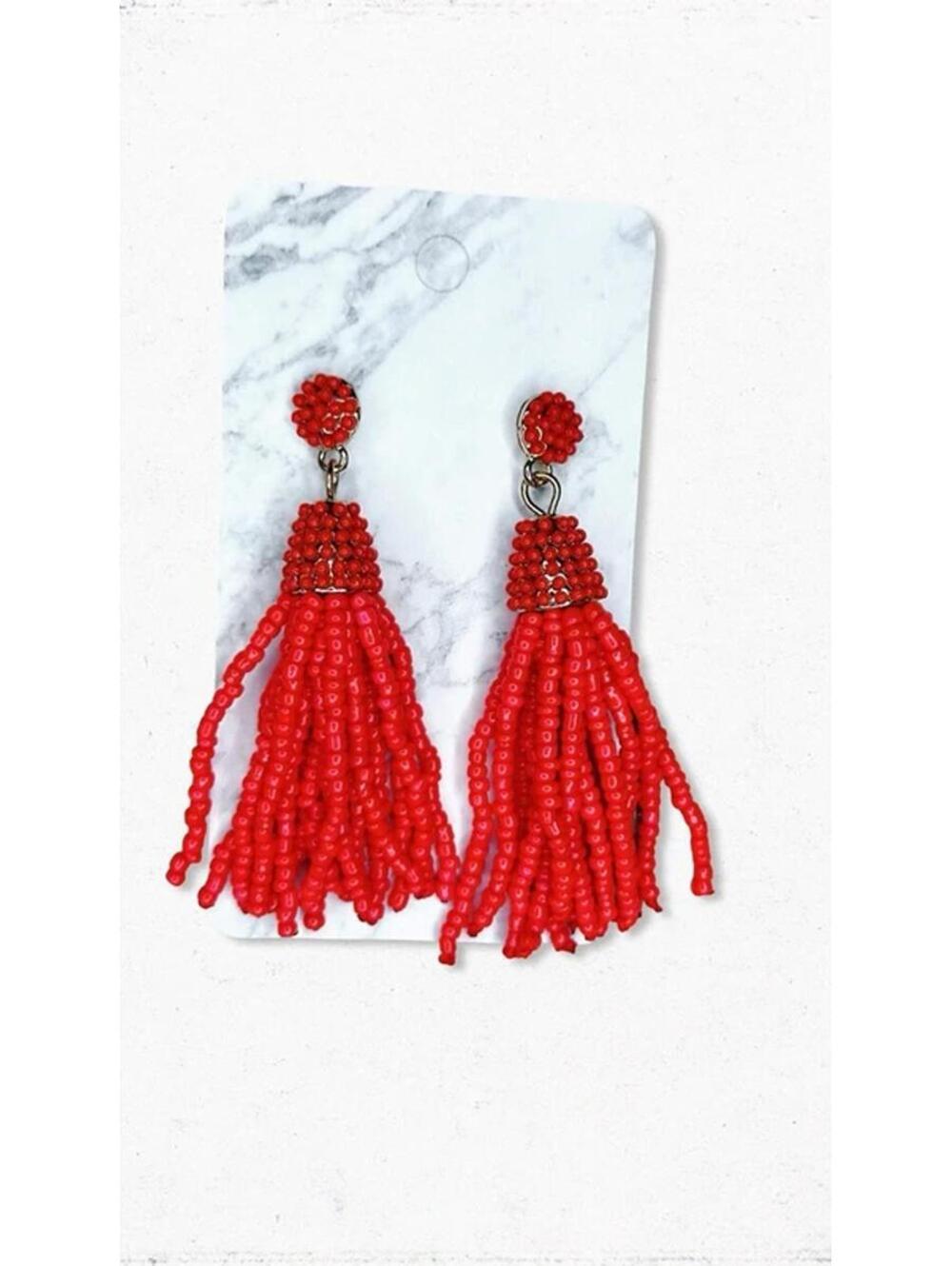 5778gc. Red Tassel Earrings - Picture 4 of 5